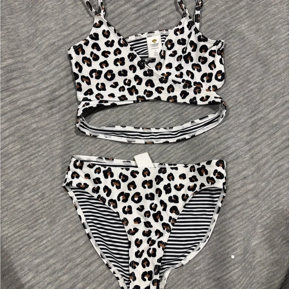 Tucker + Tate Girls Leopard Print Bikini Two Piece‎ Swimsuit Size 10 White Black